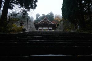 Ancient japanese temple nestled among misty trees